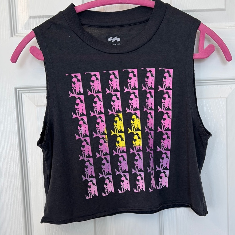 Billabong, Andy Warhol Black Sleeveless Kids Top with Pink and Yellow Graphic